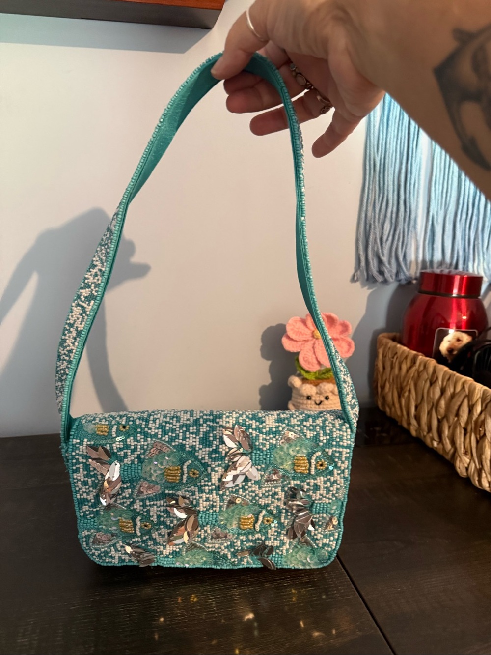 Beaded Turquoise Shoulder Bag with Sequin Accents